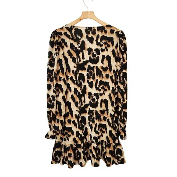 River Island Leopard Print V-Neck Long Sleeve Babydoll Dress Flowy Sexy Size 10 - Picture 2 of 7